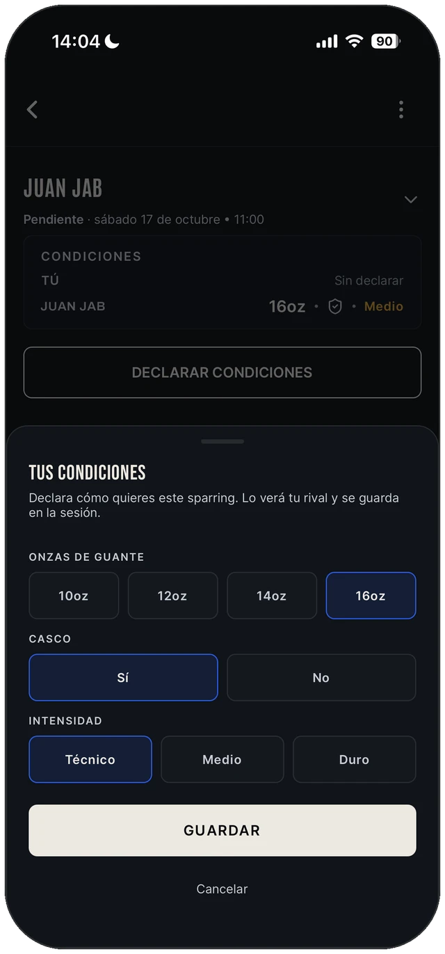 Pantalla para acordar las condiciones del sparring: onzas de guante, casco e intensidad.