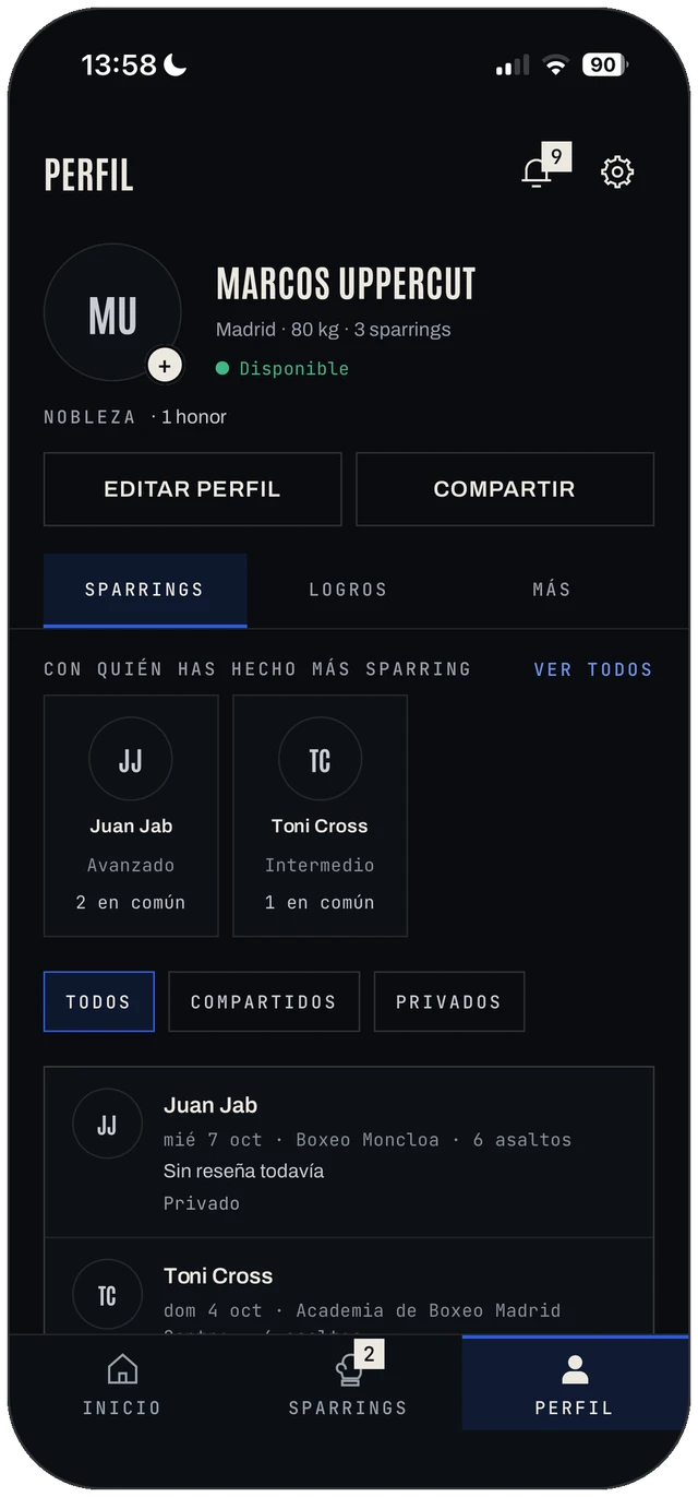 Perfil en Tessera con peso, ciudad, sparrings hechos y honores.